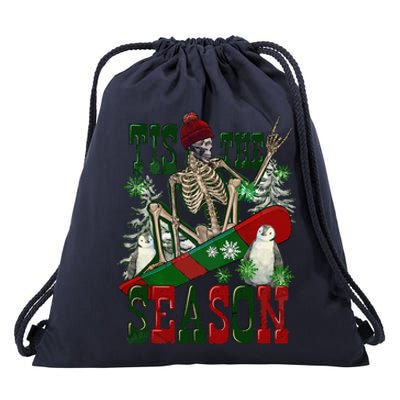 Tis The Season Skeleton Snowboard Christmas Drawstring Bag