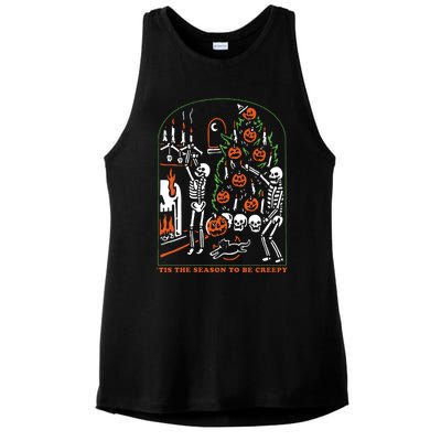 Tis The Season To Be Creepy Crewneck Skeleton Dancing Halloween Ladies PosiCharge Tri-Blend Wicking Tank