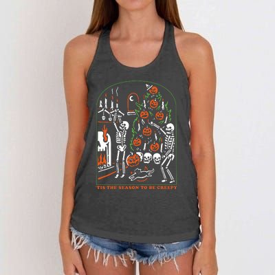 Tis The Season To Be Creepy Crewneck Skeleton Dancing Halloween Women's Knotted Racerback Tank