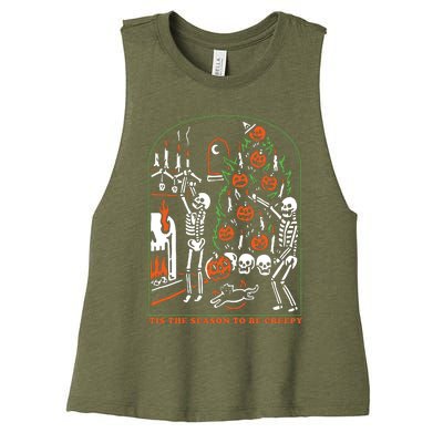 Tis The Season To Be Creepy Crewneck Skeleton Dancing Halloween Women's Racerback Cropped Tank