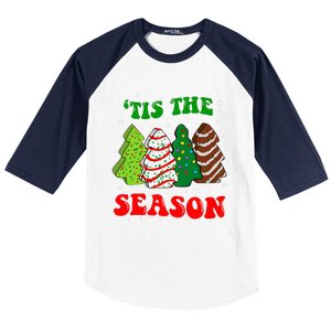 Tis' The Season Christmas Tree Cakes Debbie Groovy Baseball Sleeve Shirt