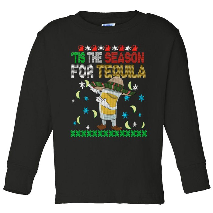 Tis The Season For Tequila Dabbing Ugly Christmas Alcohol Toddler Long Sleeve Shirt