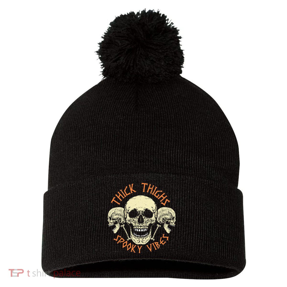Thick Thighs & Spooky Vibes Halloween Costume Pom Pom 12in Knit Beanie