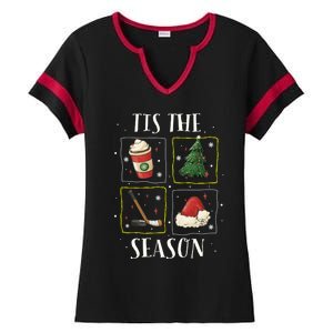 Tis The Season Ice Hockey Christmas Coffee Latte Xmas Tree Gift Ladies Halftime Notch Neck Tee