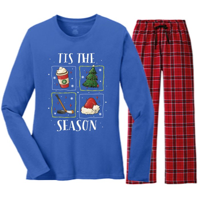 Tis The Season Ice Hockey Christmas Coffee Latte Xmas Tree Gift Women's Long Sleeve Flannel Pajama Set 