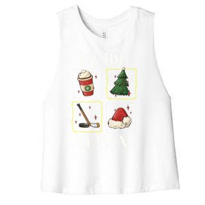 Tis The Season Ice Hockey Christmas Coffee Latte Xmas Tree Gift Women's Racerback Cropped Tank