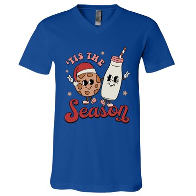 Tis The Season Cookies Milk Santa Hat Christmas Retro Xmas Gift V-Neck T-Shirt