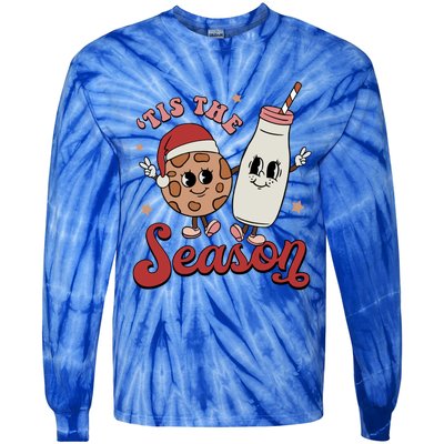 Tis The Season Cookies Milk Santa Hat Christmas Retro Xmas Gift Tie-Dye Long Sleeve Shirt