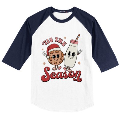 Tis The Season Cookies Milk Santa Hat Christmas Retro Xmas Gift Baseball Sleeve Shirt