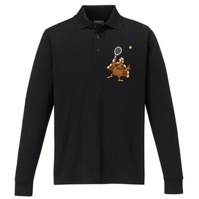 Turkey Tennis Sunset Retro Thanksgiving Sport Gift Performance Long Sleeve Polo