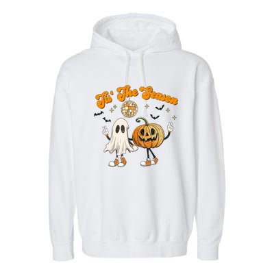 Tis The Season Retro Ghost Pumpkin Halloween Thanksgiving Garment-Dyed Fleece Hoodie