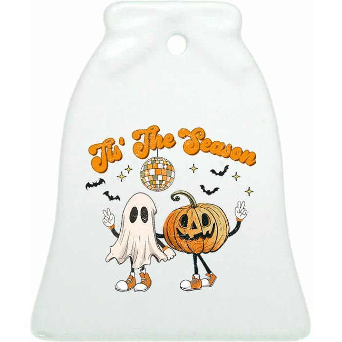 Tis The Season Retro Ghost Pumpkin Halloween Thanksgiving Ceramic Bell Ornament