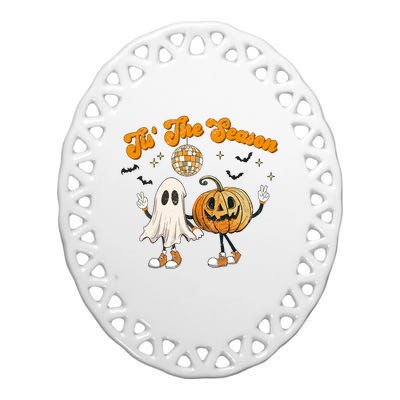 Tis The Season Retro Ghost Pumpkin Halloween Thanksgiving Ceramic Oval Ornament