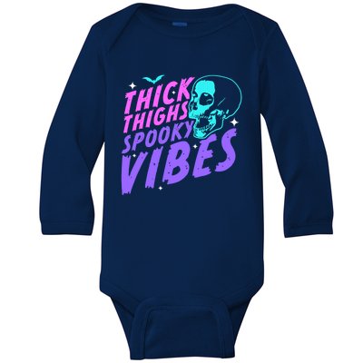 Thick Thighs Spooky Vibes Funny Halloween Skull Pastel Goth Great Gift Baby Long Sleeve Bodysuit