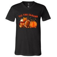 Tis The Season Pumpkin Leaf Latte Fall Thanksgiving Football V-Neck T-Shirt