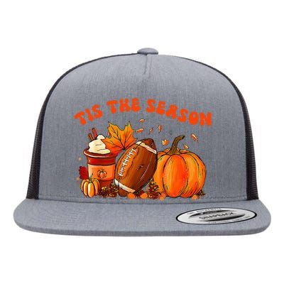 Tis The Season Pumpkin Leaf Latte Fall Thanksgiving Football Flat Bill Trucker Hat