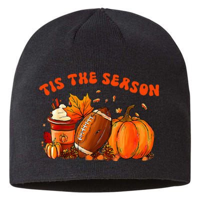 Tis The Season Pumpkin Leaf Latte Fall Thanksgiving Football Sustainable Beanie