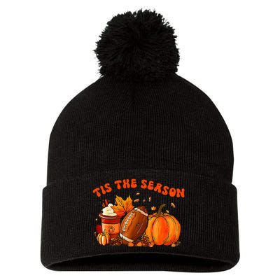 Tis The Season Pumpkin Leaf Latte Fall Thanksgiving Football Pom Pom 12in Knit Beanie