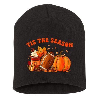 Tis The Season Pumpkin Leaf Latte Fall Thanksgiving Football Short Acrylic Beanie