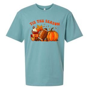 Tis The Season Pumpkin Leaf Latte Fall Thanksgiving Football Sueded Cloud Jersey T-Shirt