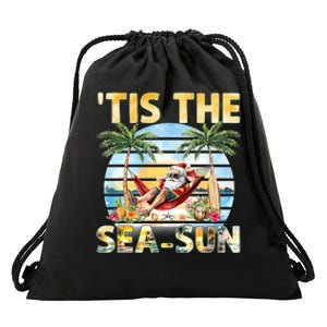 Tis The Sea Sun Christmas In July Santa Beach Summer Drawstring Bag