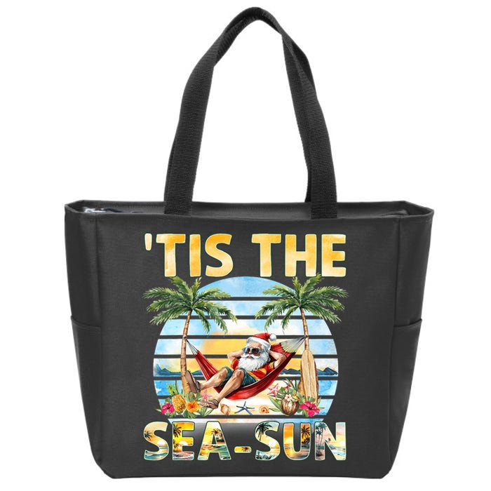 Tis The Sea Sun Christmas In July Santa Beach Summer Zip Tote Bag