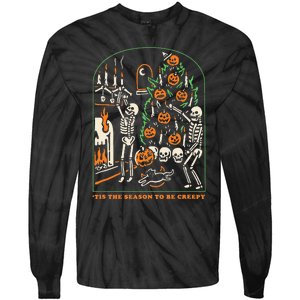 Tis The Season To Be Creepy Skeleton Halloween Spooky Season Tie-Dye Long Sleeve Shirt