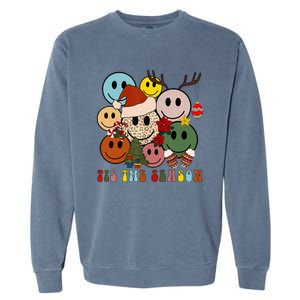 Tis The Season Christmas Tree Santa Reindeer Xmas Smile Face Garment-Dyed Sweatshirt