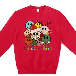 Tis The Season Christmas Tree Santa Reindeer Xmas Smile Face Premium Crewneck Sweatshirt