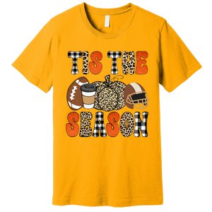 Tis The Season Pumpkin Leaf Latte Fall Thanksgiving Football Premium T-Shirt