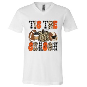 Tis The Season Pumpkin Leaf Latte Fall Thanksgiving Football V-Neck T-Shirt