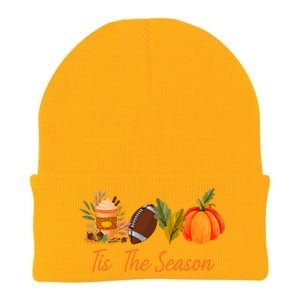 Tis The Season Pumpkin Leaf Latte Fall Thanksgiving Football Gift Knit Cap Winter Beanie