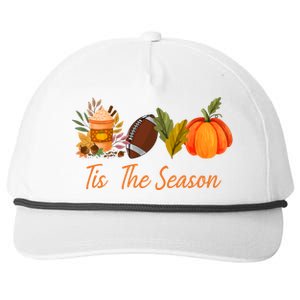 Tis The Season Pumpkin Leaf Latte Fall Thanksgiving Football Gift Snapback Five-Panel Rope Hat