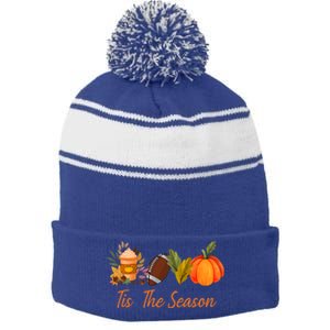 Tis The Season Pumpkin Leaf Latte Fall Thanksgiving Football Gift Stripe Pom Pom Beanie