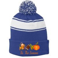 Tis The Season Pumpkin Leaf Latte Fall Thanksgiving Football Gift Stripe Pom Pom Beanie