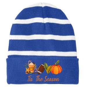 Tis The Season Pumpkin Leaf Latte Fall Thanksgiving Football Gift Striped Beanie with Solid Band