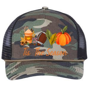 Tis The Season Pumpkin Leaf Latte Fall Thanksgiving Football Gift Retro Rope Trucker Hat Cap