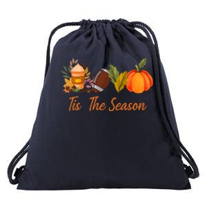 Tis The Season Pumpkin Leaf Latte Fall Thanksgiving Football Gift Drawstring Bag