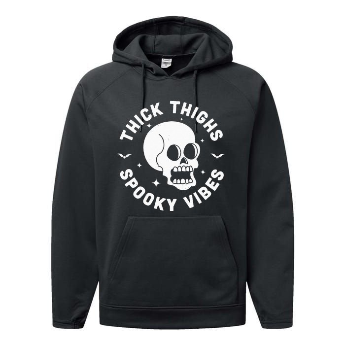 Thick Thighs Spooky Vibes Funny Halloween Skull Workout Gym Performance Fleece Hoodie