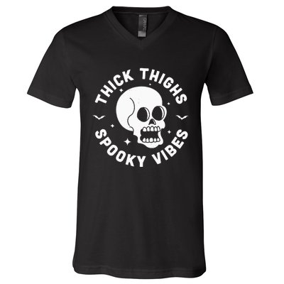 Thick Thighs Spooky Vibes Funny Halloween Skull Workout Gym V-Neck T-Shirt