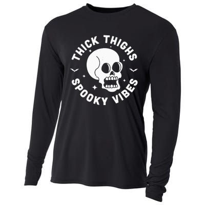 Thick Thighs Spooky Vibes Funny Halloween Skull Workout Gym Cooling Performance Long Sleeve Crew