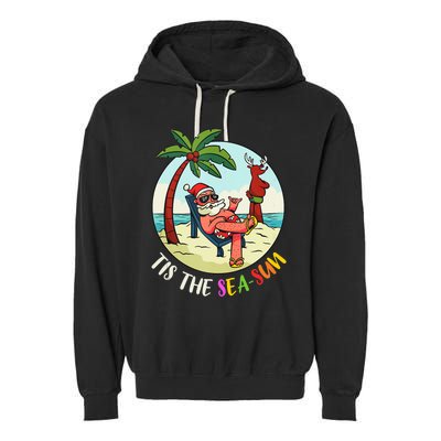 Tis The Sea Sun Funny Santa Beach Summer Christmas In July Garment-Dyed Fleece Hoodie