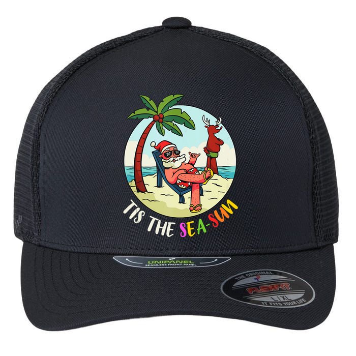 Tis The Sea Sun Funny Santa Beach Summer Christmas In July Flexfit Unipanel Trucker Cap