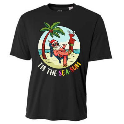 Tis The Sea Sun Funny Santa Beach Summer Christmas In July Cooling Performance Crew T-Shirt