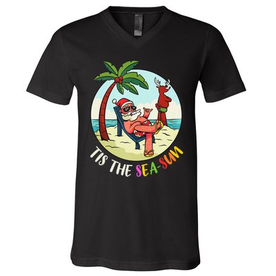 Tis The Sea Sun Funny Santa Beach Summer Christmas In July V-Neck T-Shirt