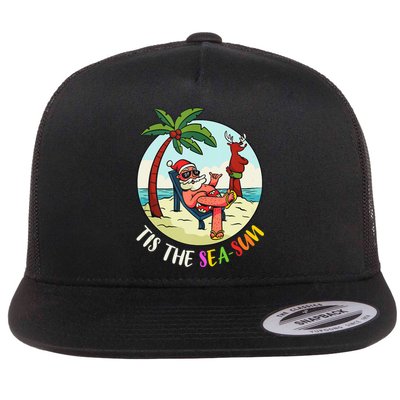 Tis The Sea Sun Funny Santa Beach Summer Christmas In July Flat Bill Trucker Hat