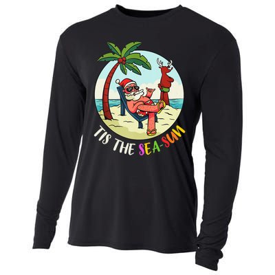 Tis The Sea Sun Funny Santa Beach Summer Christmas In July Cooling Performance Long Sleeve Crew