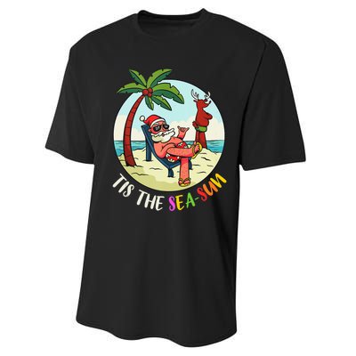 Tis The Sea Sun Funny Santa Beach Summer Christmas In July Performance Sprint T-Shirt