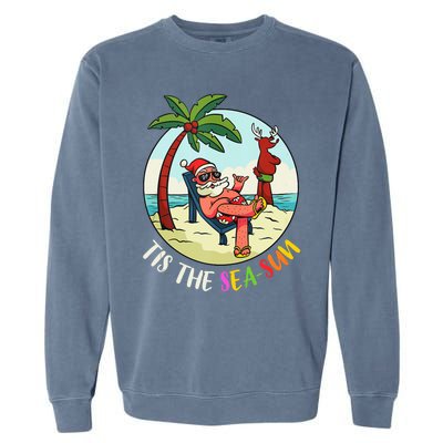 Tis The Sea Sun Funny Santa Beach Summer Christmas In July Garment-Dyed Sweatshirt