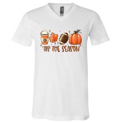 Tis The Season Pumpkin Football Maple Leaf V-Neck T-Shirt